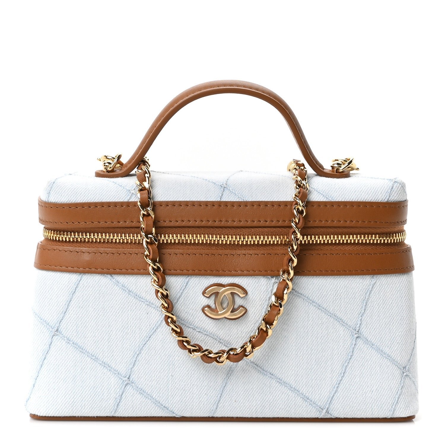 Chanel Washed Denim Calfskin Quilted Top Handle Slim Vanity Case With Chain Blue Brown