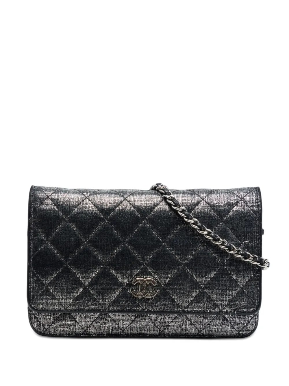 2014 CC Quilted Metallic Fabric Wallet On Chain crossbody bag