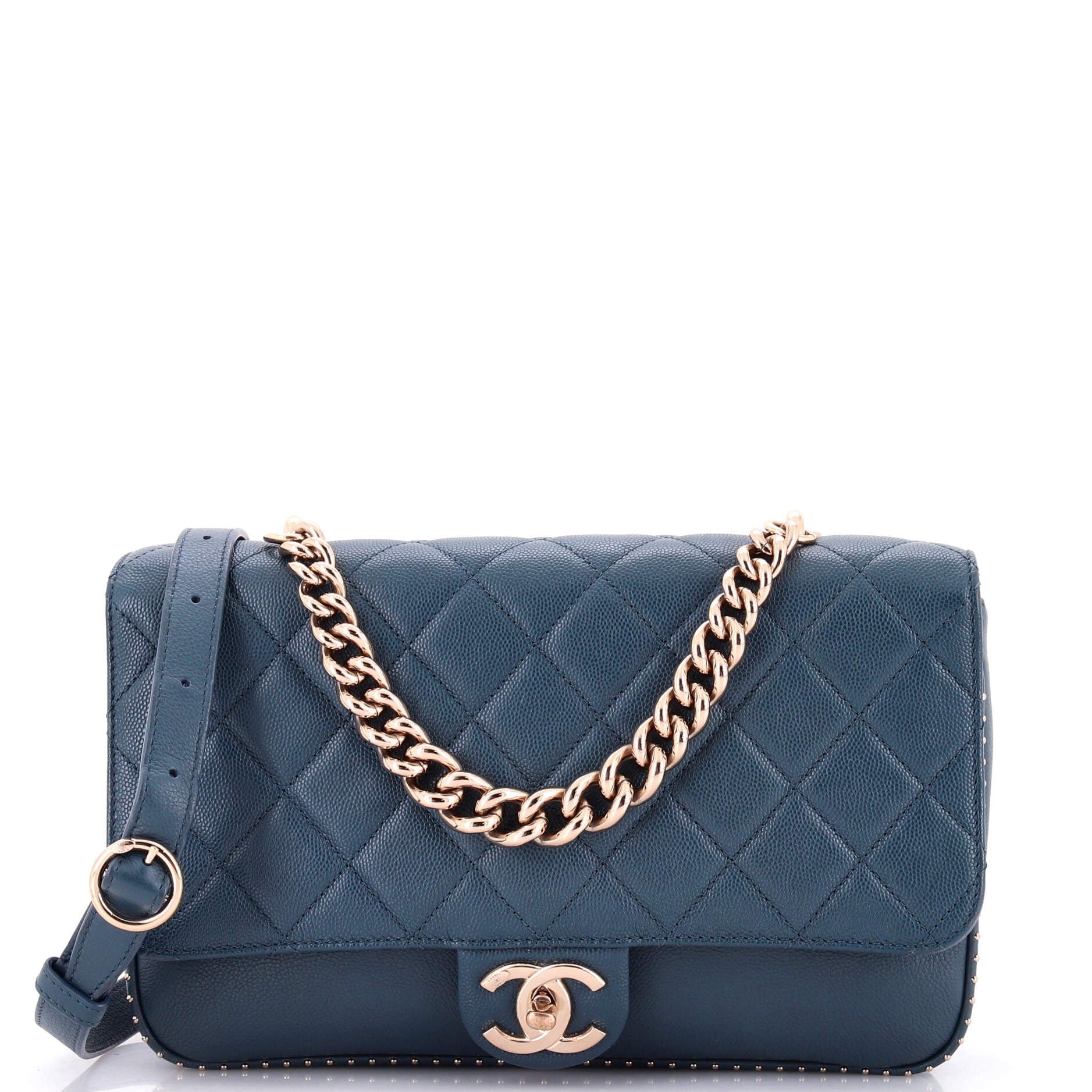 Chain Handle CC Flap Bag Quilted Caviar with Studded Detail Large
