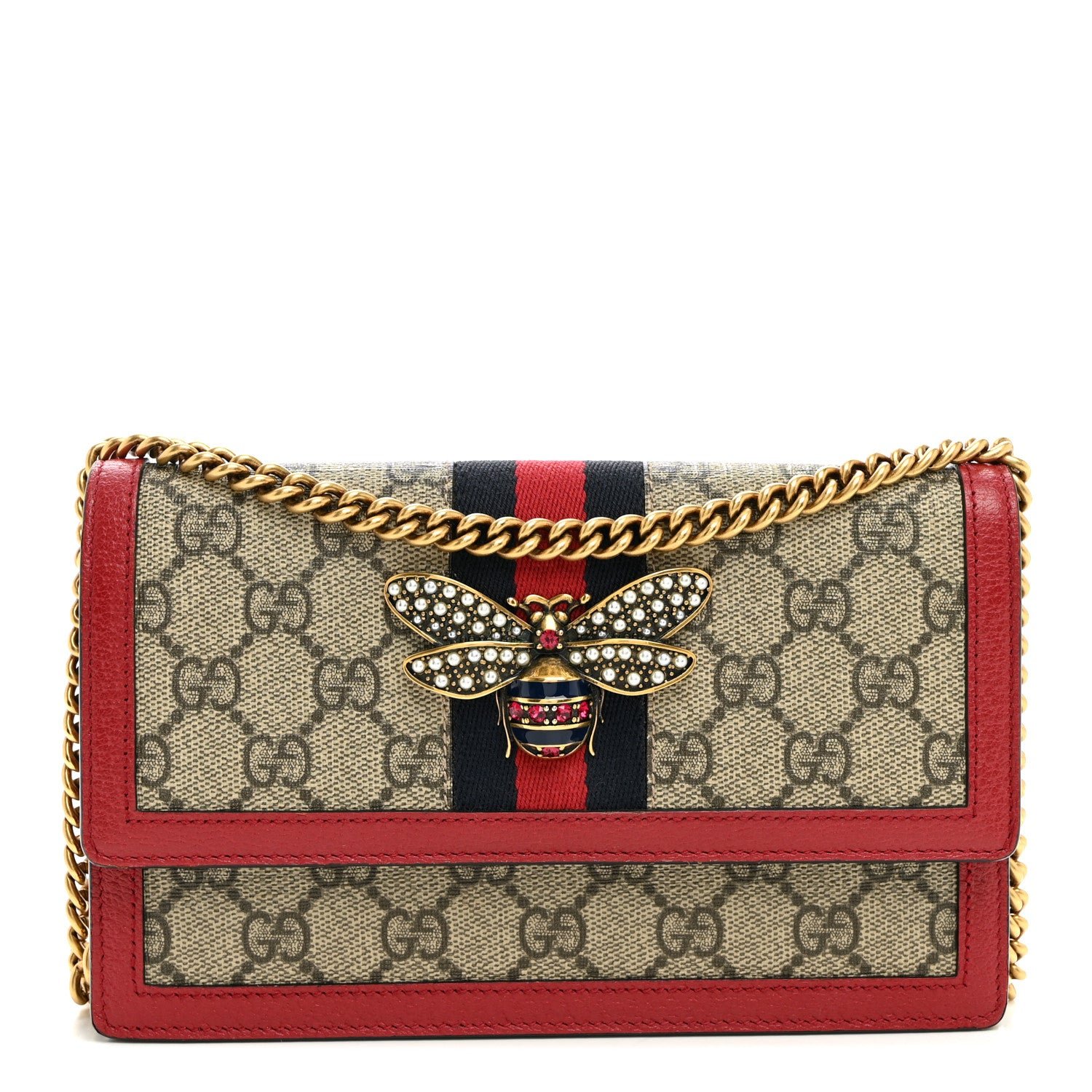 Gucci GG Supreme Monogram Web Queen Margaret Chain Wallet Red