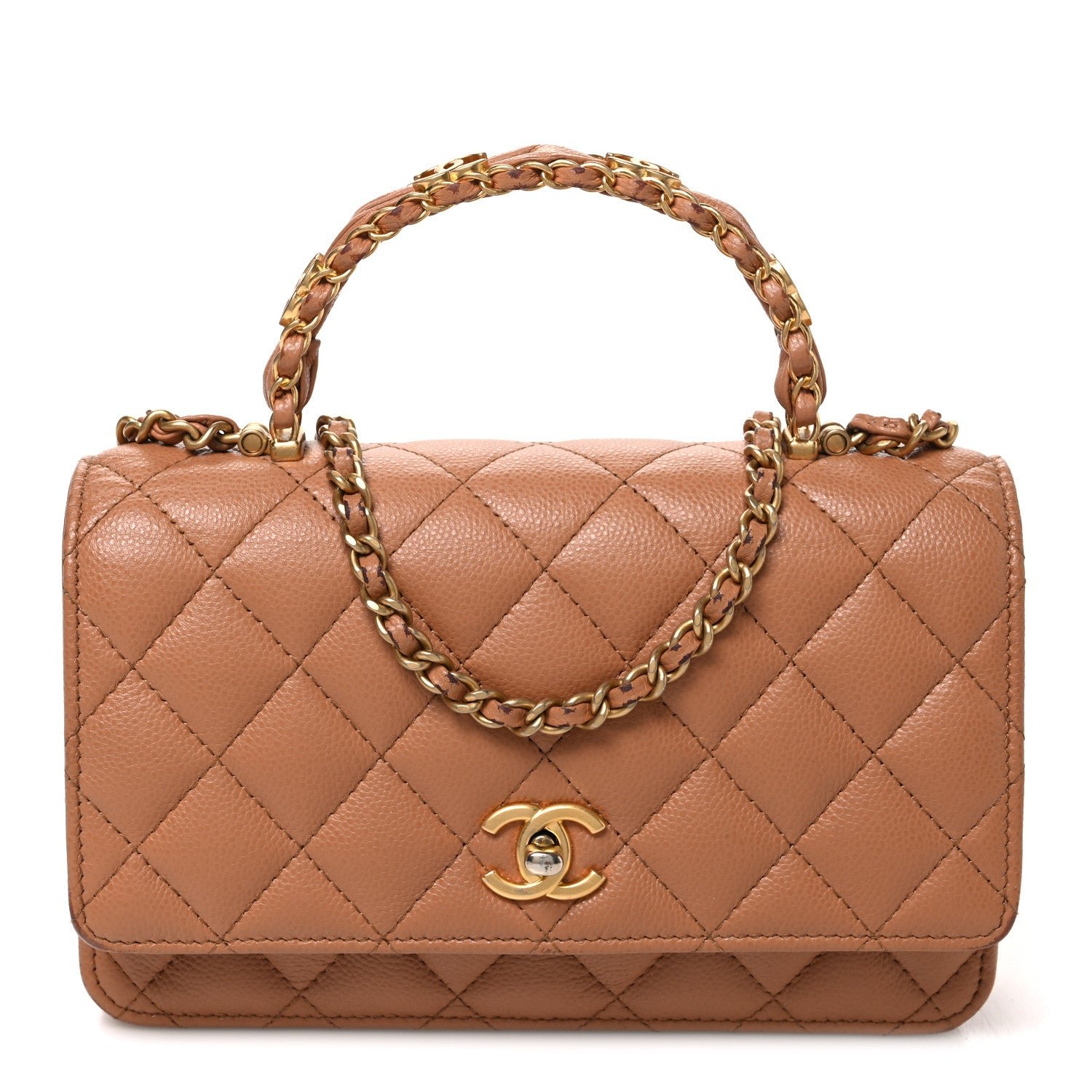 Chanel Shiny Caviar Quilted Pick Me Up Wallet On Chain WOC Beige