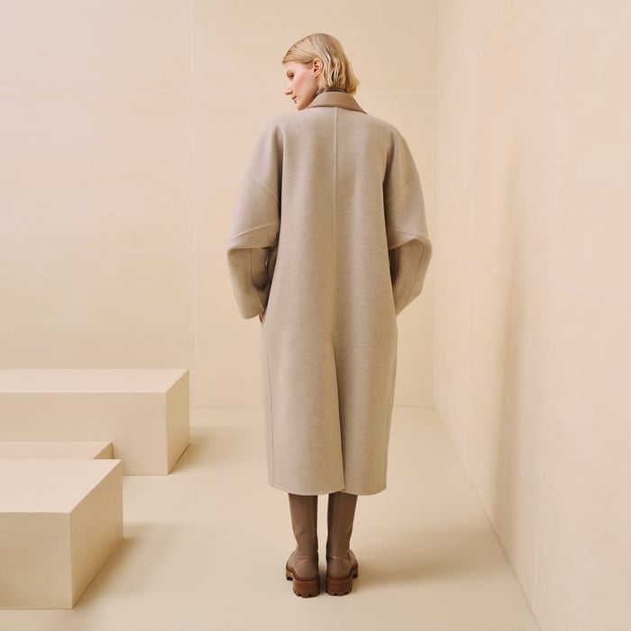 Beige Naturel Mixed Leather Wide Overcoat