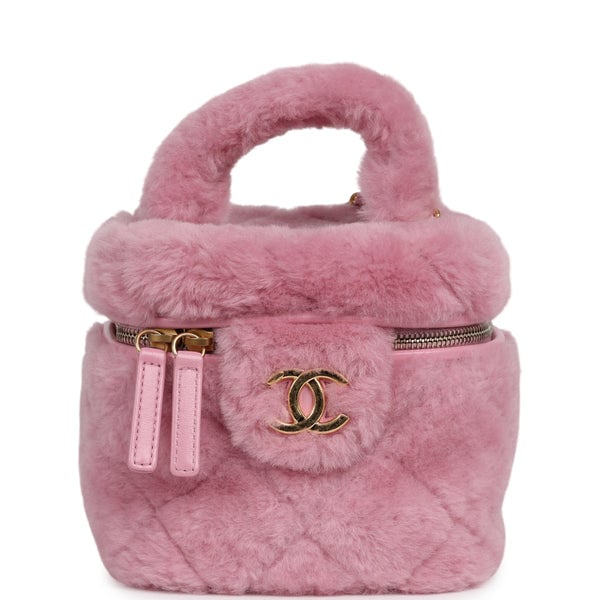 Pre-owned Chanel Small Top Handle Square Vanity Case With Chain Pink Shearling Lambskin Gold Hardware