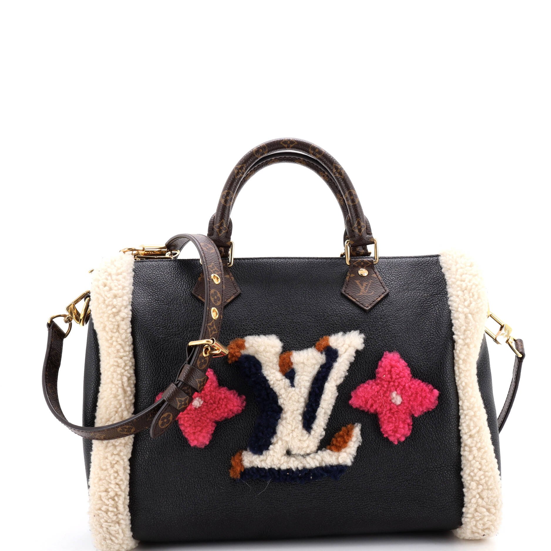 Speedy Bandouliere Bag Leather and Monogram Teddy Shearling 30