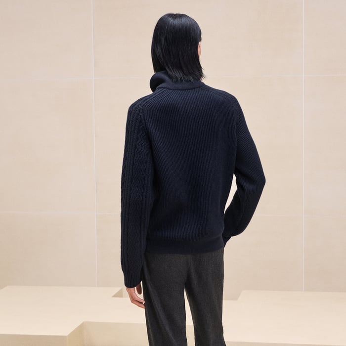 Marine Cashmere "Fisherman Graphique" Twisted Collar Sweater