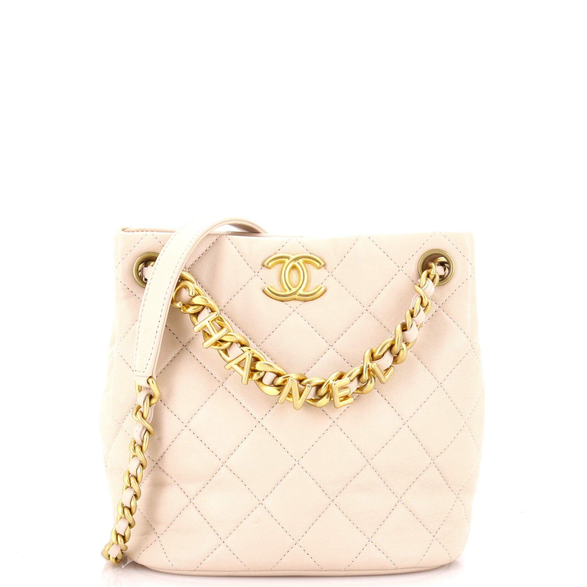 Logo Letters Drawstring Chain Bucket Bag Quilted Goatskin