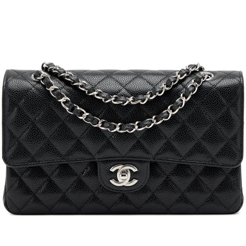 Black Quilted Caviar Medium Classic Double Flap Bag Silver Hardware, 2022