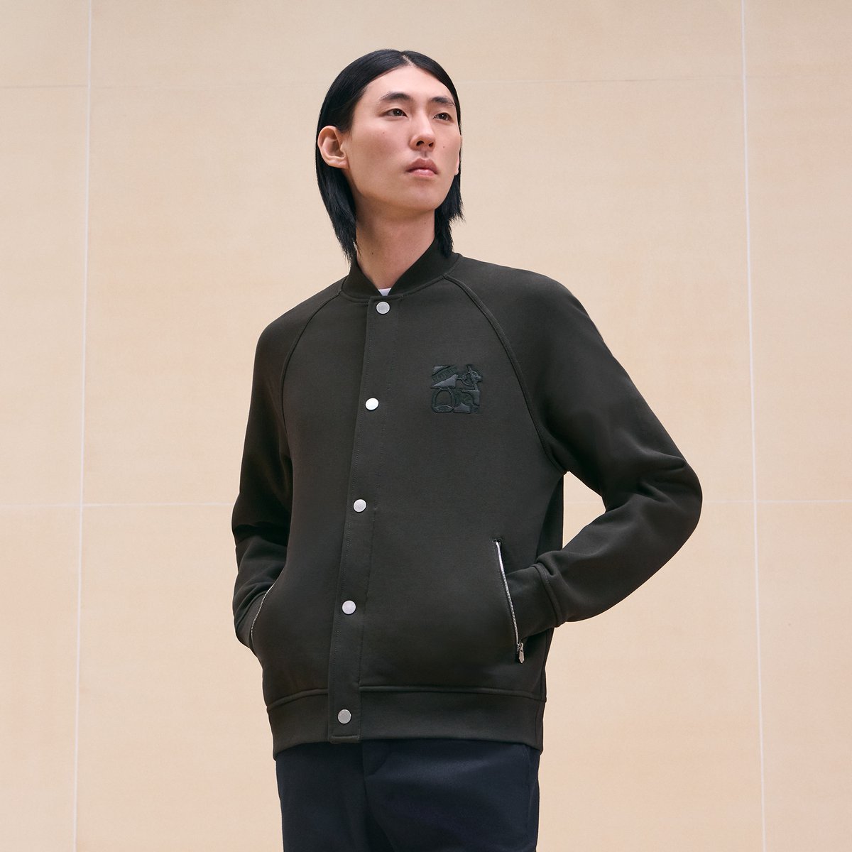 Kaki "Metallerie Au Carre" Varsity Jacket With Leather Detail