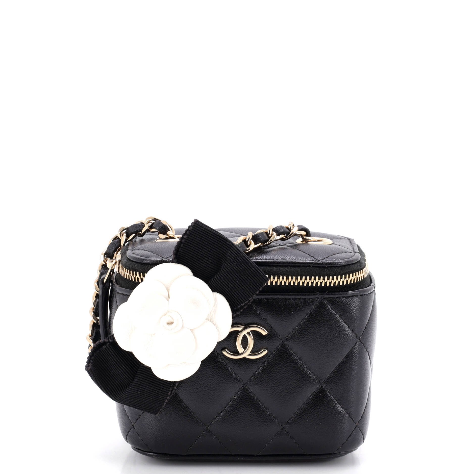 Camellia Bow Vanity Case with Chain Quilted Lambskin Mini