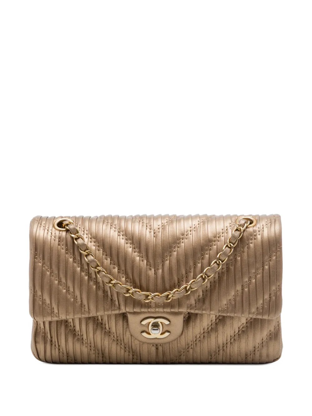2018 Medium Classic Chevron Calfskin Pleated Double Flap shoulder bag