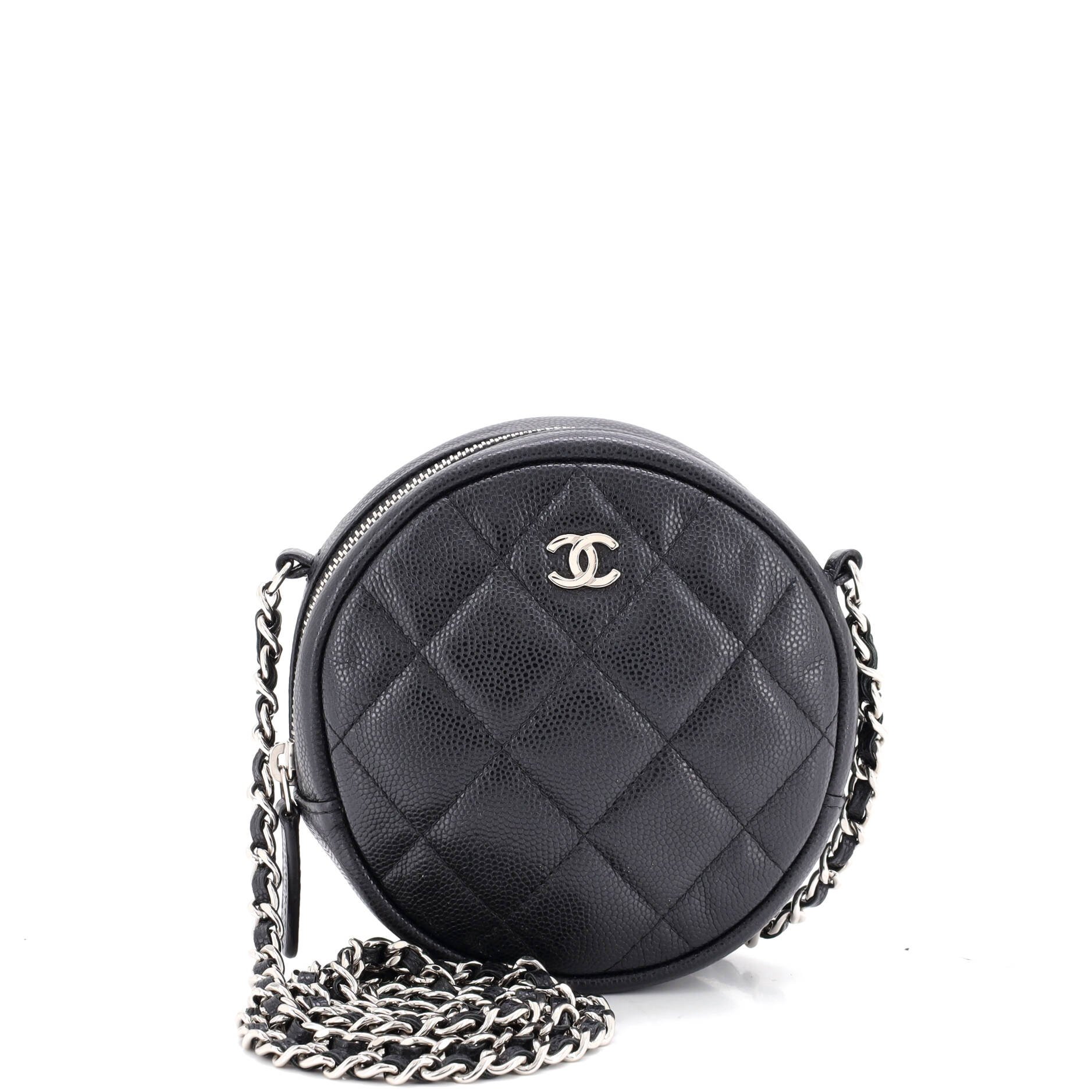 Round Clutch with Chain Quilted Caviar Mini