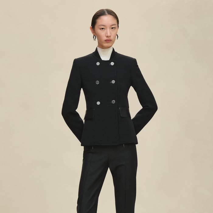 Noir Short Pea Coat With Leather Details