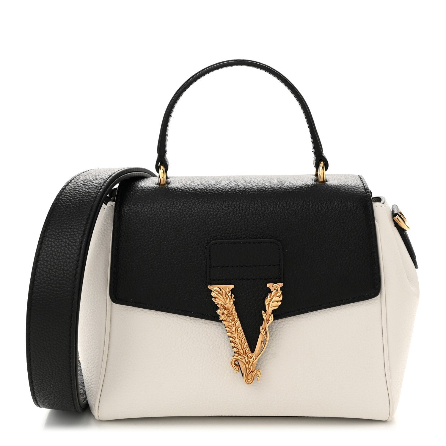 Versace Grainy Calfskin Virtus Small Top Handle Bag White Black