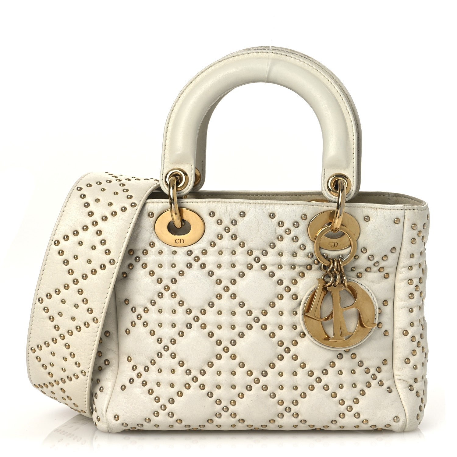 Dior Calfskin Cannage Studded Small Supple Lady Dior White