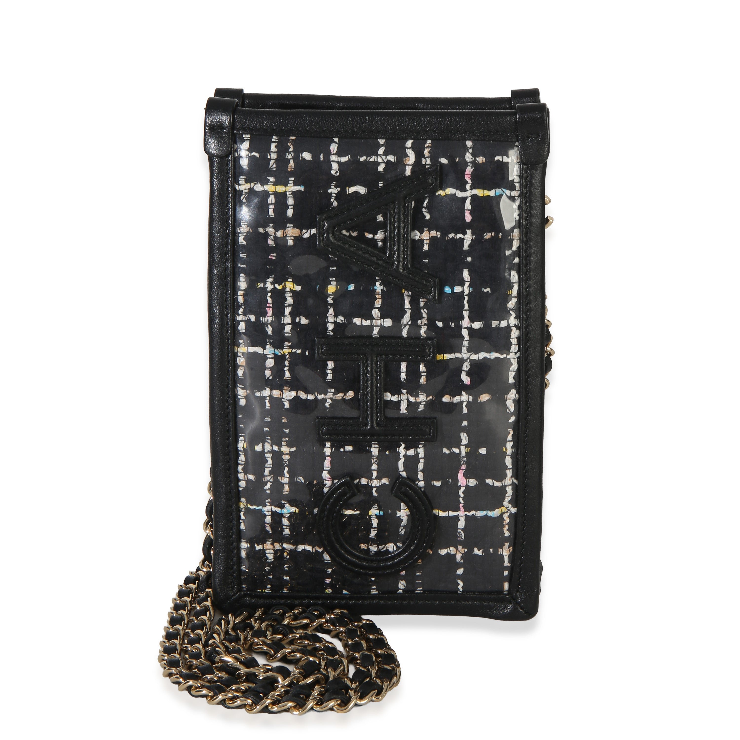 Black Tweed PVC Calfskin Logo Clutch With Chain