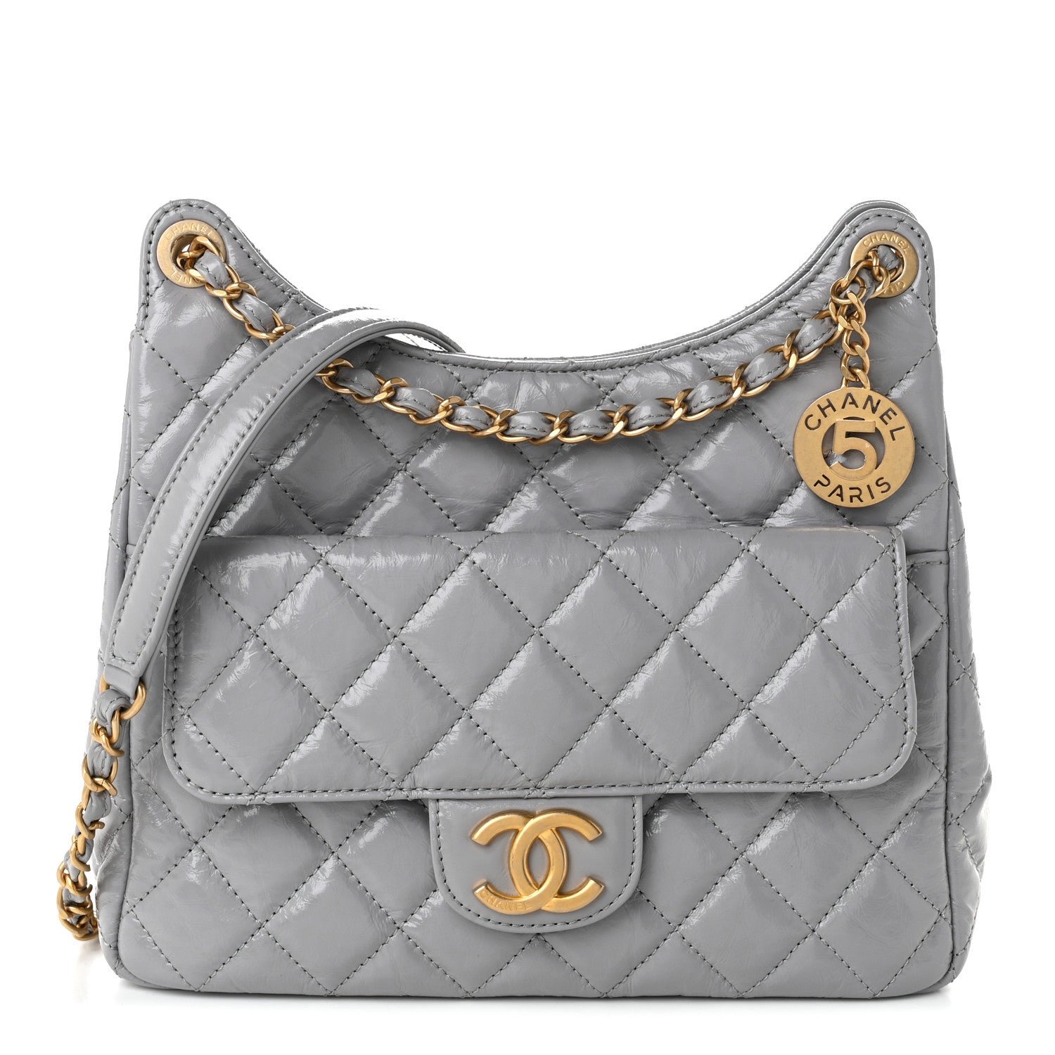 Chanel Shiny Crumpled Calfskin Quilted Wavy CC Hobo Grey