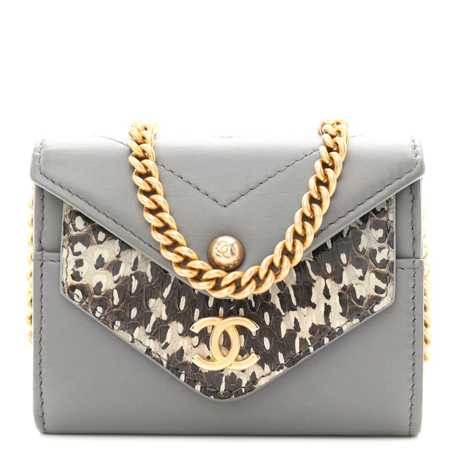 Chanel Calfskin Elaphe Double Chevron Card Case On Chain Grey
