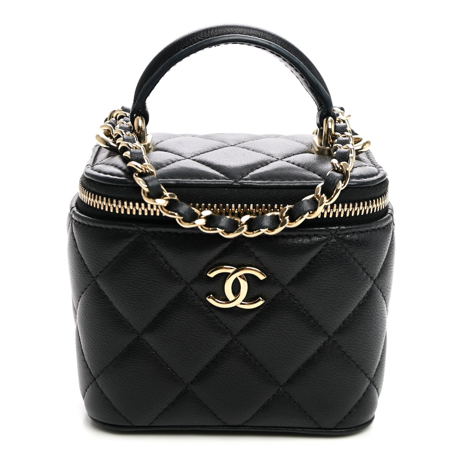 Chanel Lambskin Quilted Top Handle Mini Vanity Case With Chain Black