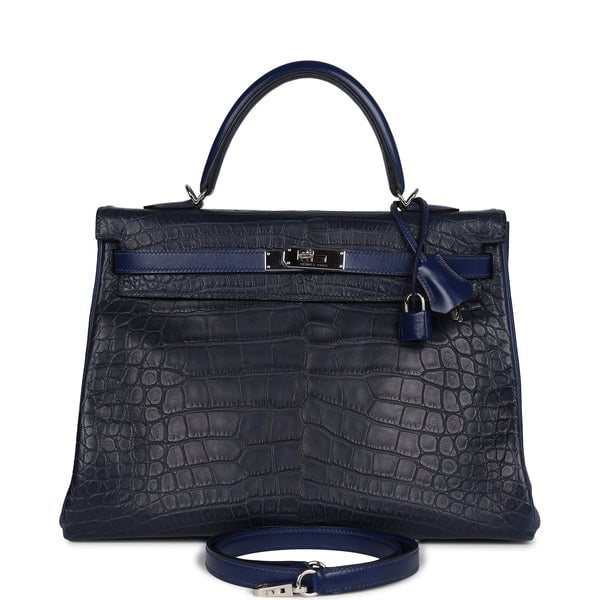 Hermes Pre-owned Hermes Kelly Retourne 35 Bleu Indigo Matte Alligator and Bleu Saphir Swift and Clemence Palladium Hardware