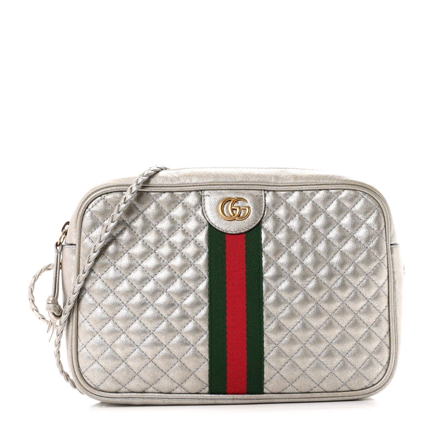 Gucci Laminated Nappa Web Trapuntata Small GG Shoulder Bag Argento