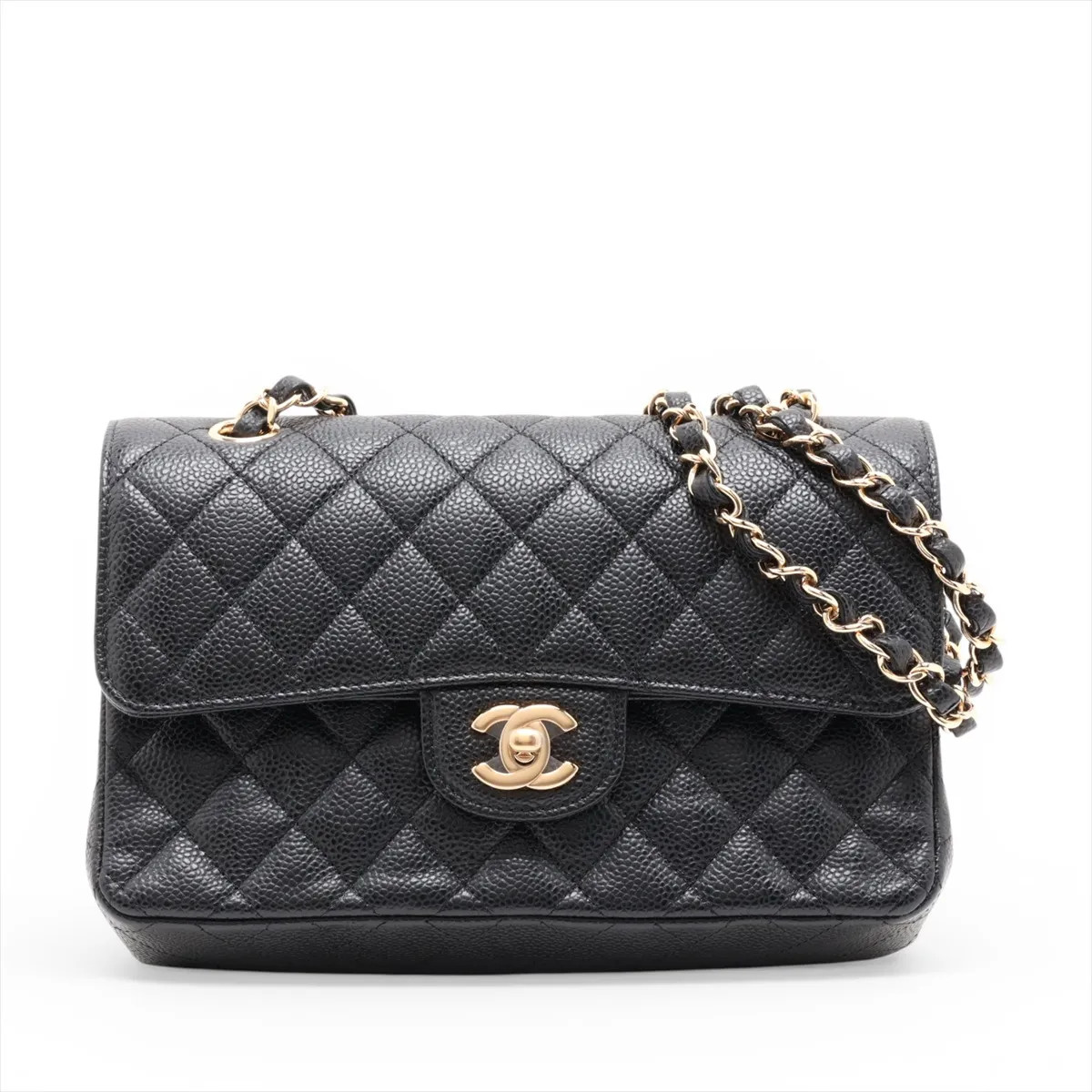 Chanel Matelasse 23 Small Caviar Skin Double Flap Double Chain Bag Black Gold Me