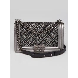 Chanel Black/Silver Embroidered Jersey/Leather Medium Boy Bag