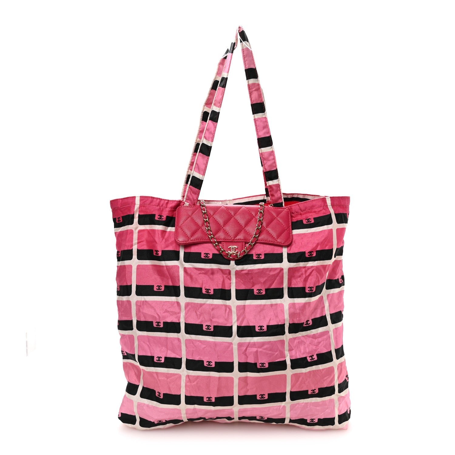 Chanel Caviar Fabric Quilted Foldable Tote With Chain Pink Multicolor