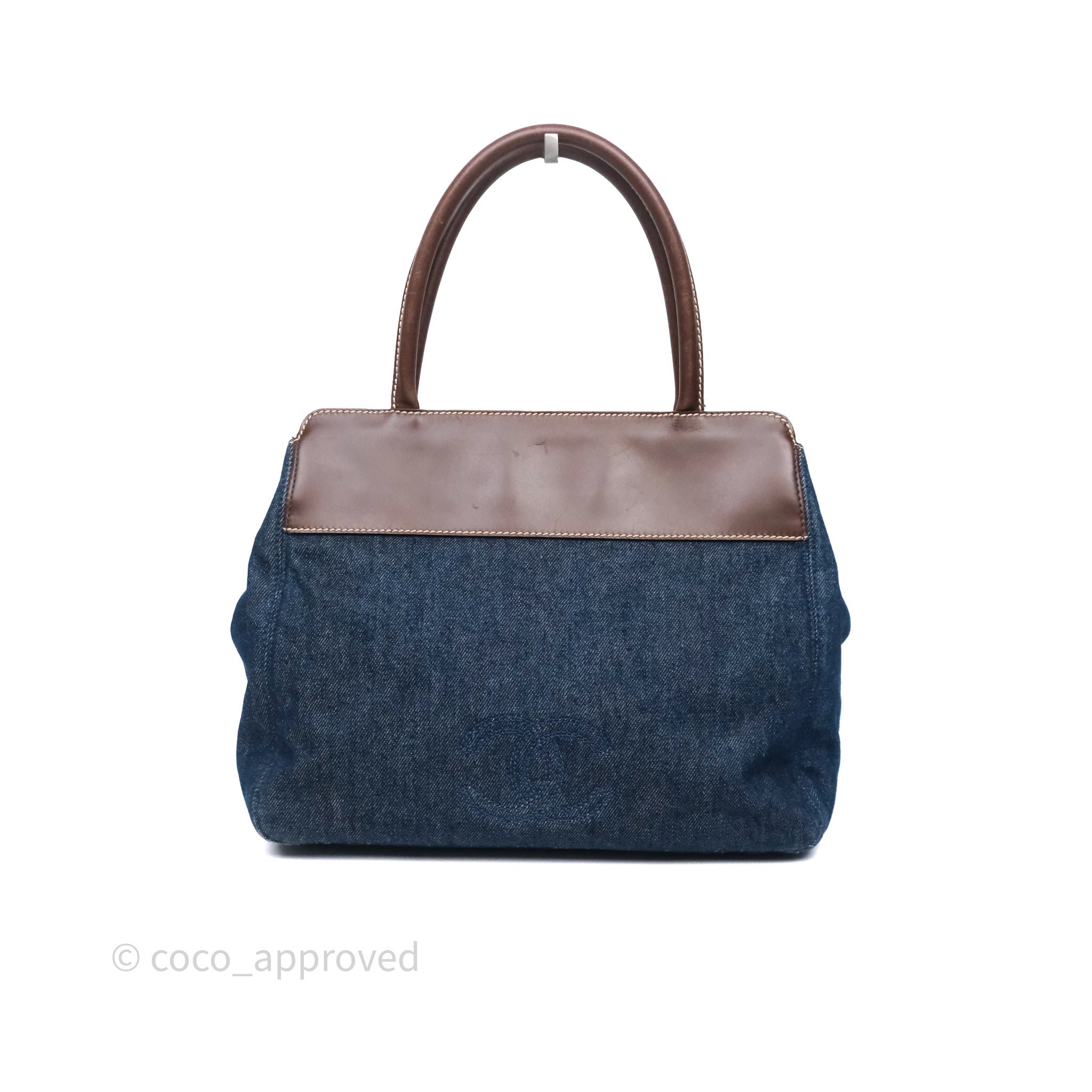 Chanel Vintage CC Tote Bag Denim Brown Leather