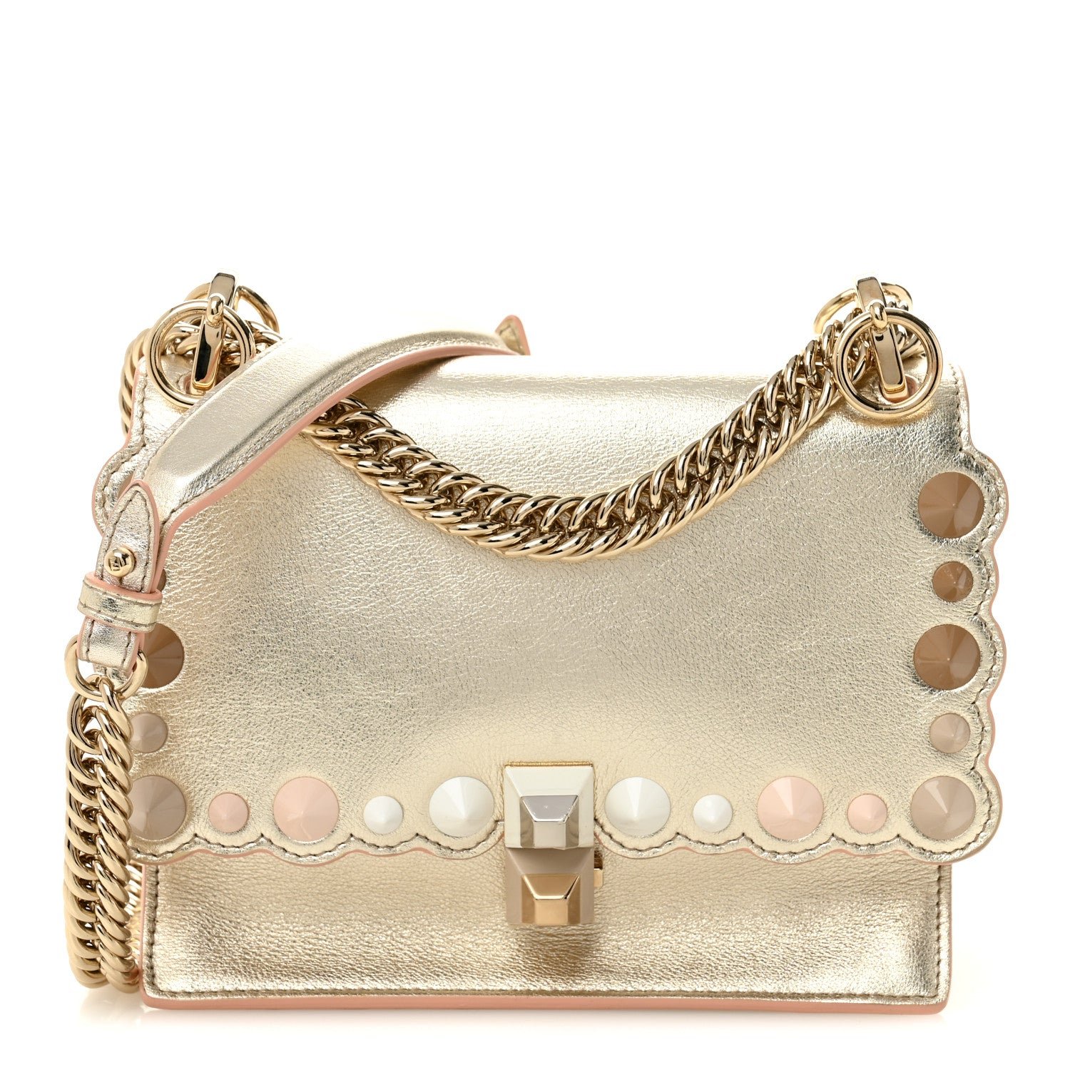 Fendi Vitello Catalan Mirror Scalloped Multi Studded Small Kan I Shoulder Bag Champagne