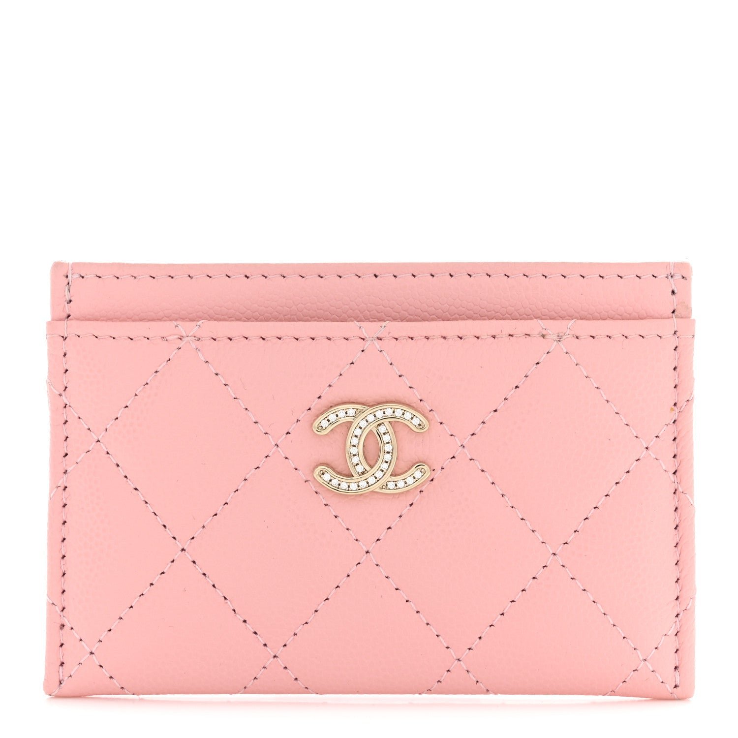 Chanel Caviar Quilted Crystal CC Logo Card Holder Light Pink