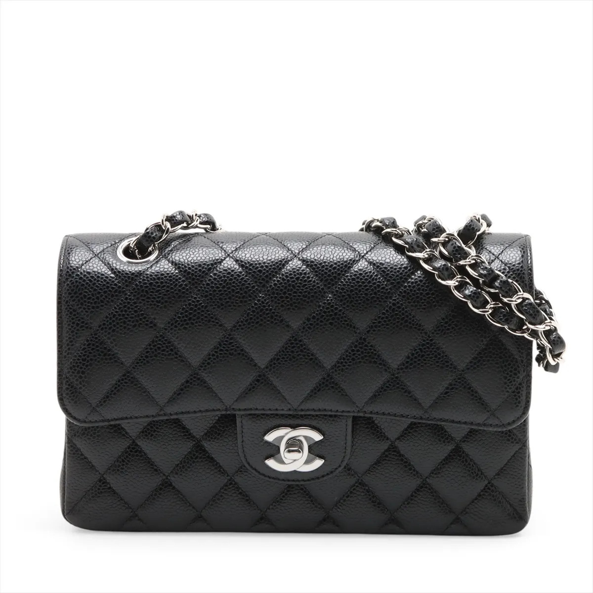 Chanel Matelasse 23 Small Caviar Skin Double Flap Double Chain Bag Black Silver