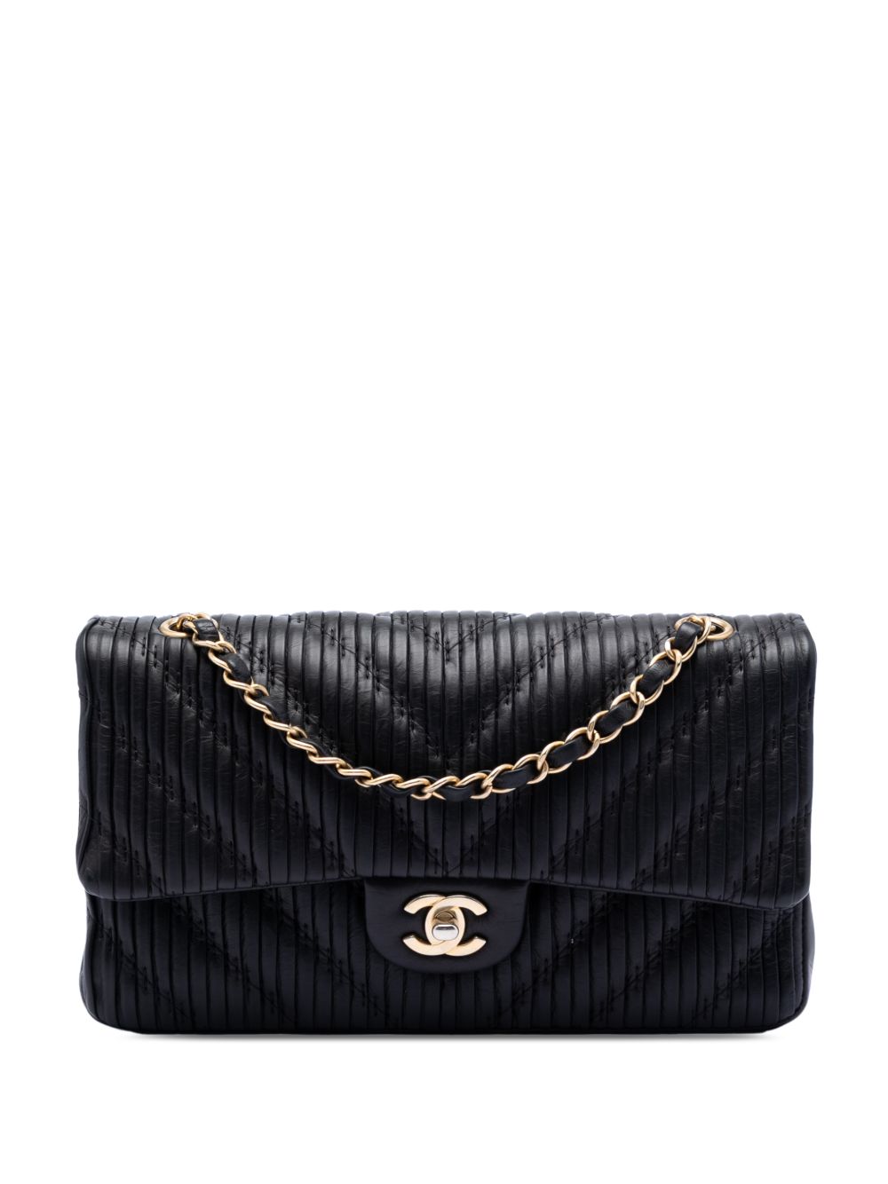 2018 Medium Classic Chevron Calfskin Pleated Double Flap shoulder bag