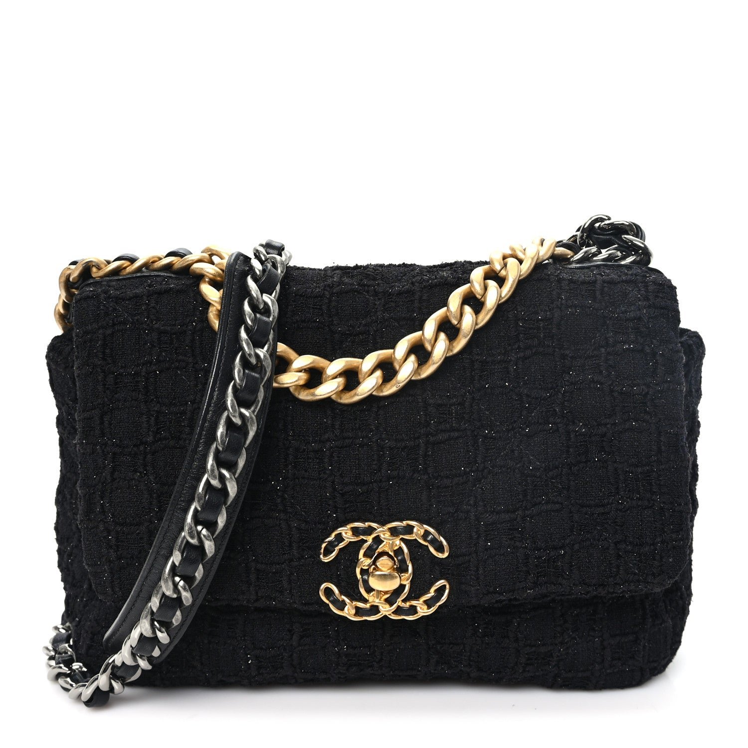 Chanel Tweed Quilted Medium Chanel 19 Flap Black Black