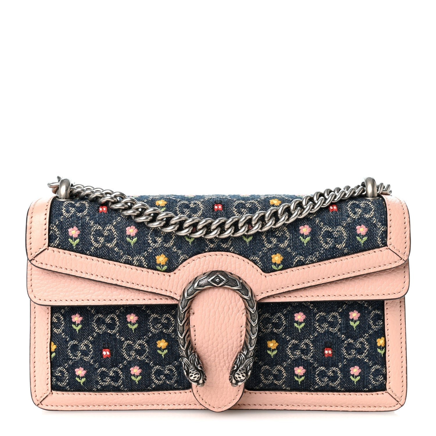Gucci New Denim Dollar Calfskin Floral GG Monogram Small Dionysus Shoulder Bag Blue Tea Multicolor Powder Pink
