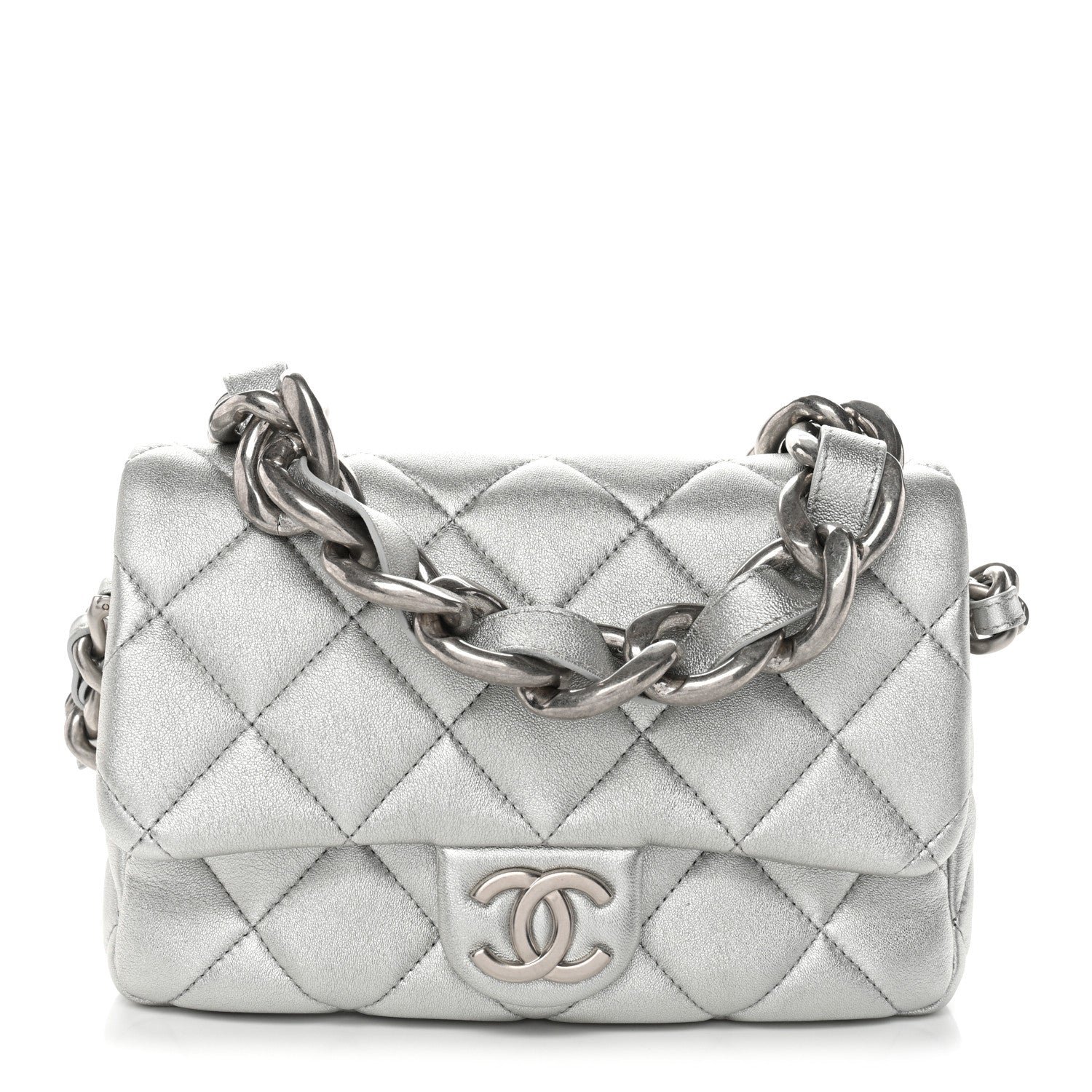 Chanel Metallic Lambskin Lacquered Quilted Small Flap Silver