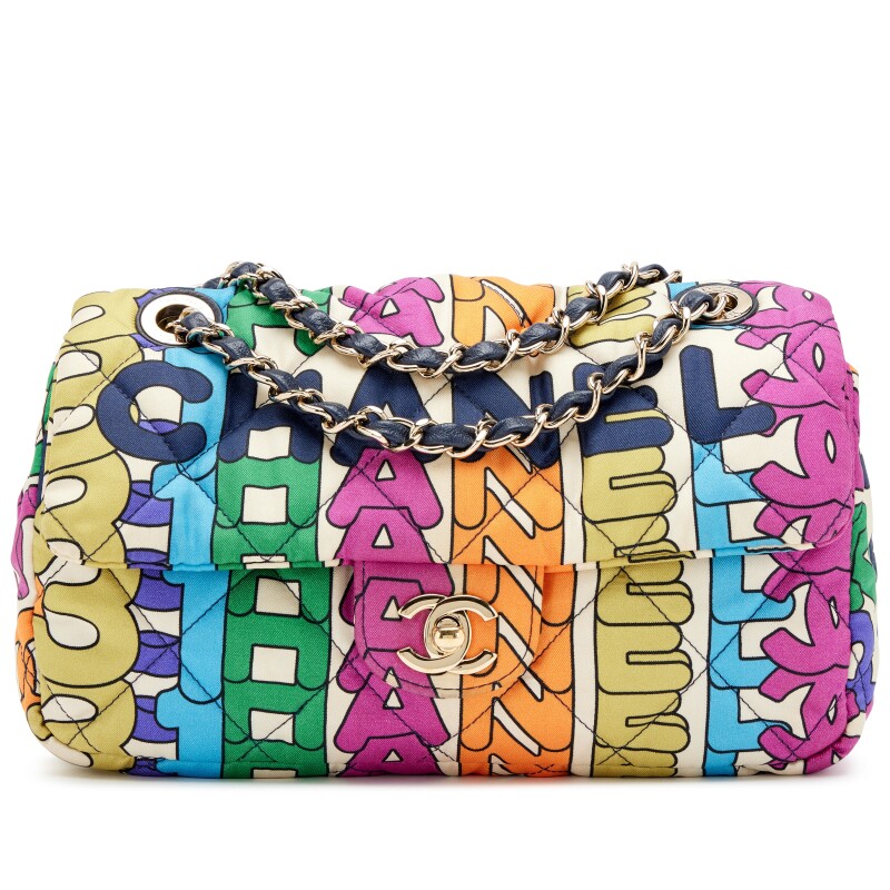 Rainbow Quilted Nylon Medium CC Letter Logo Flap Bag Light Gold Hardware, 2021