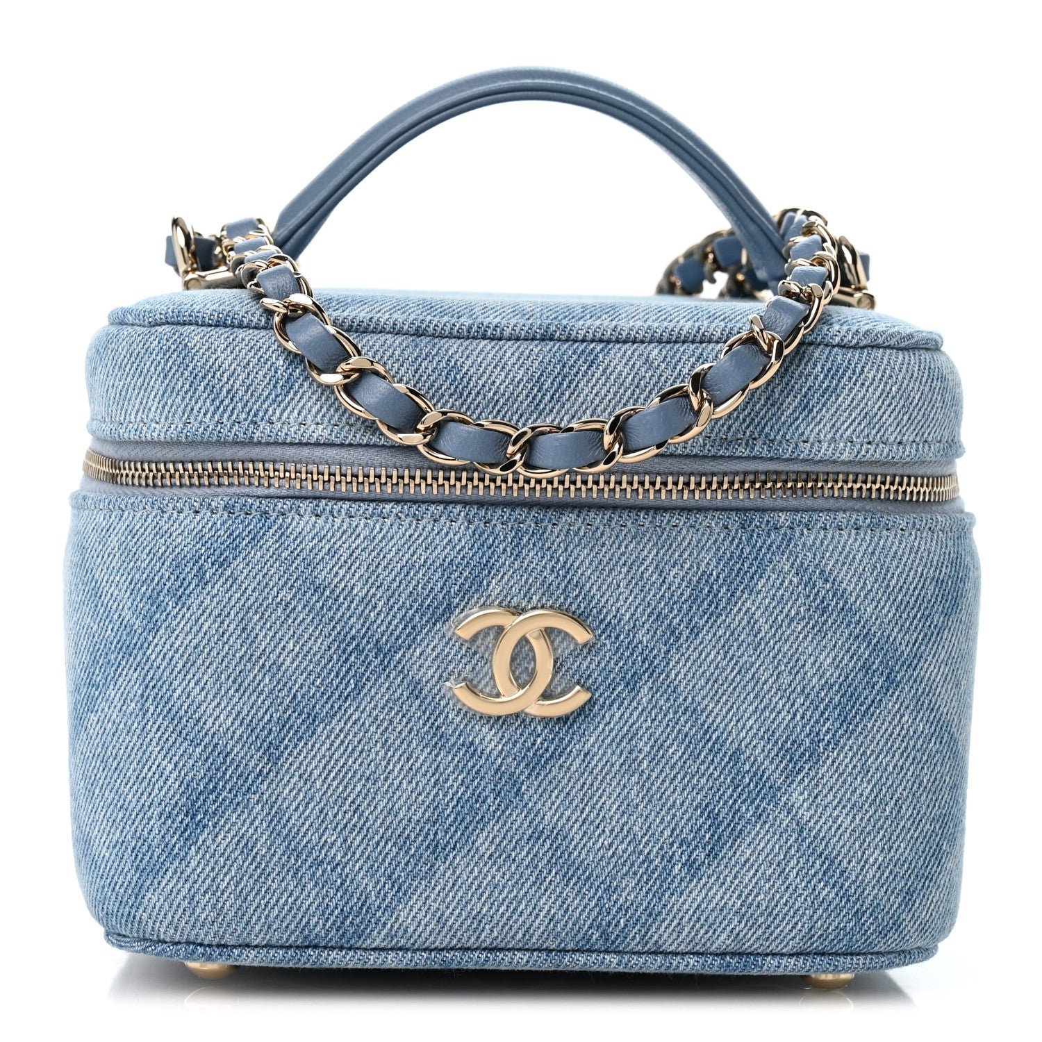Chanel Printed Denim Quilted Mini Top Handle Vanity Case With Chain Light Blue
