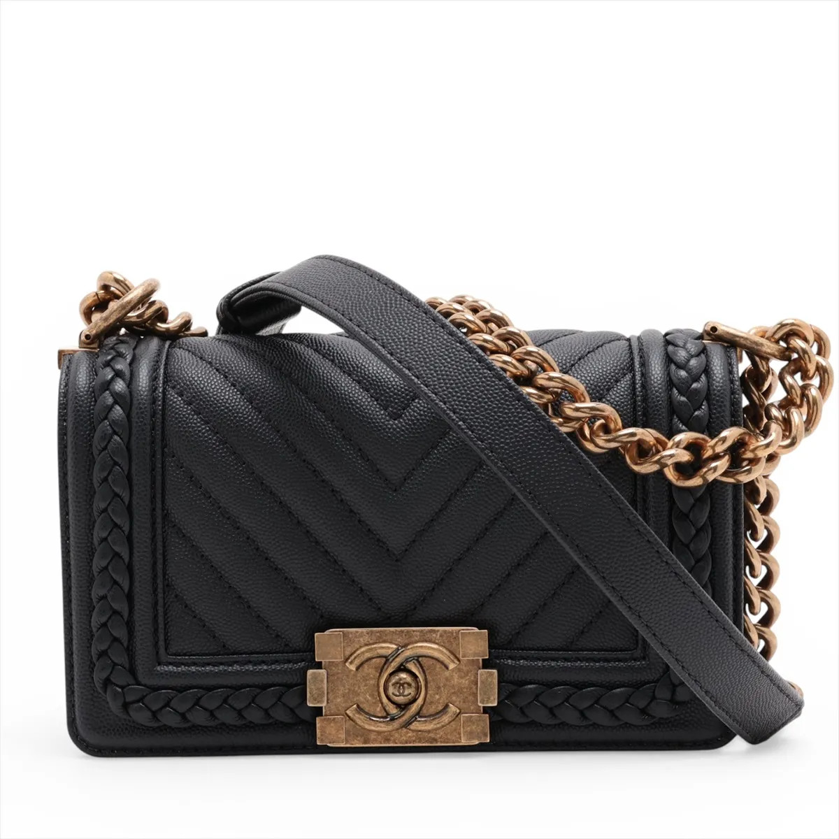 Chanel Boy Chanel 20 Small Caviar Skin Chain Shoulder Bag V Stitch Chevron Black