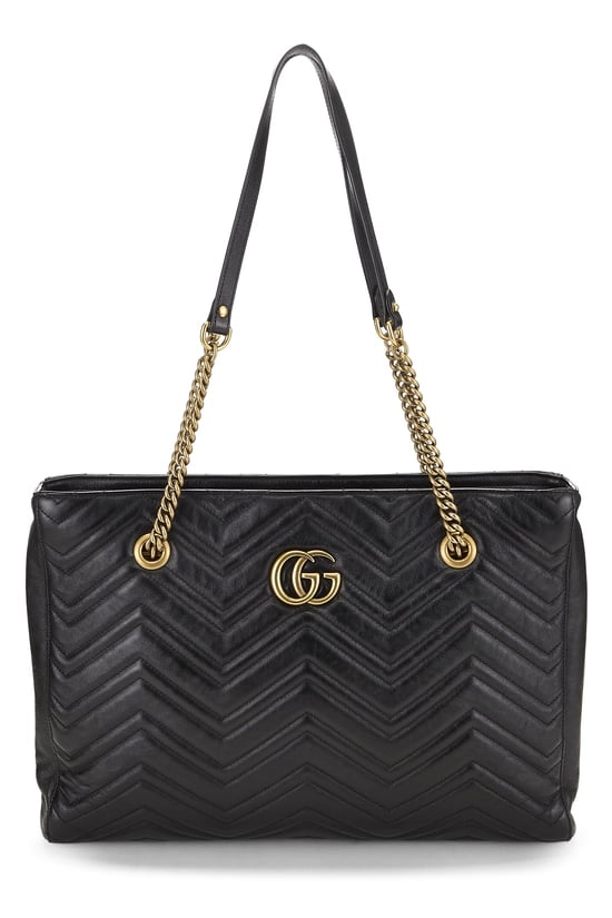 Black Leather GG Marmont Flat Chain Tote