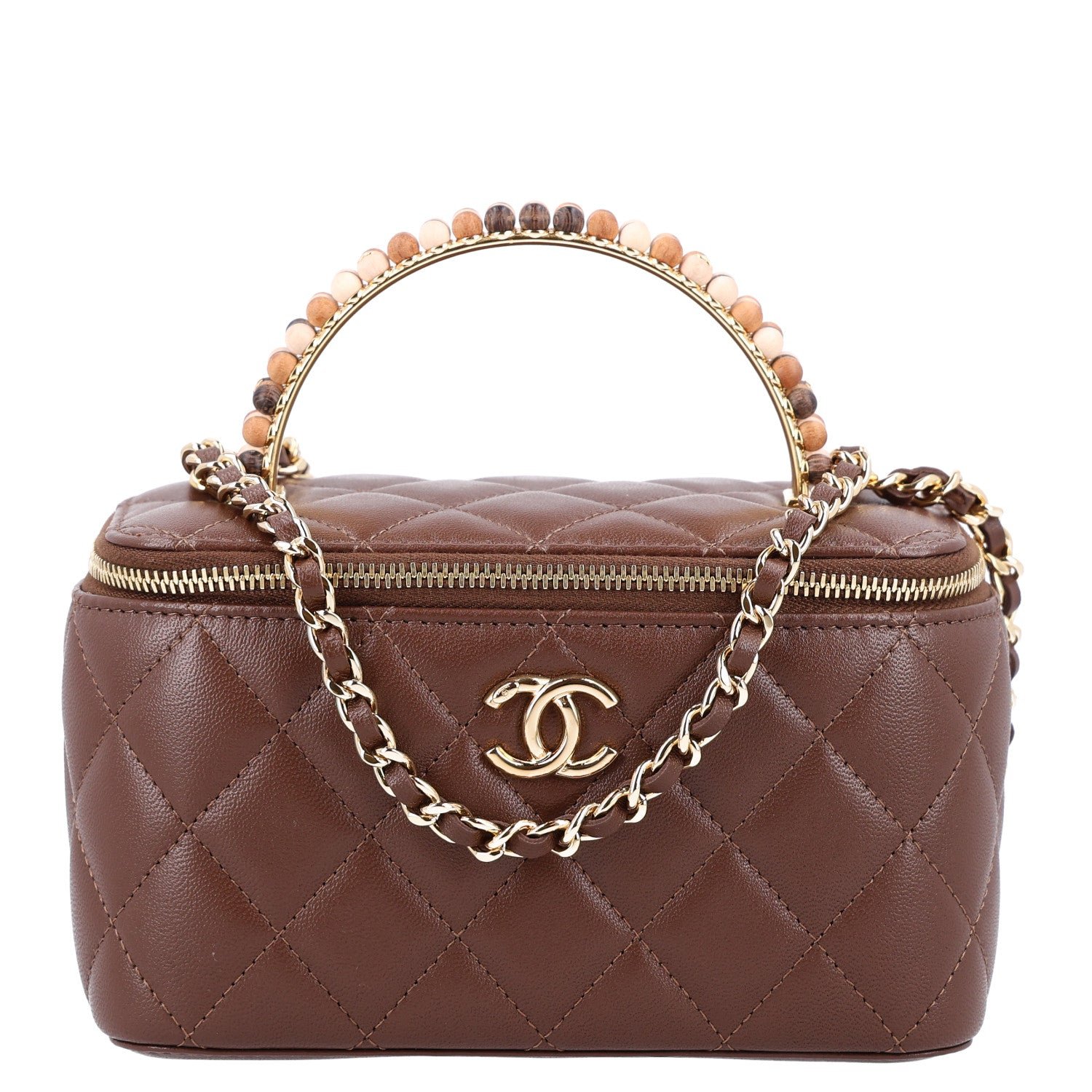 Chanel Shiny Lambskin Quilted Small Metal Wood Top Handle Vanity Case With Chain Brown