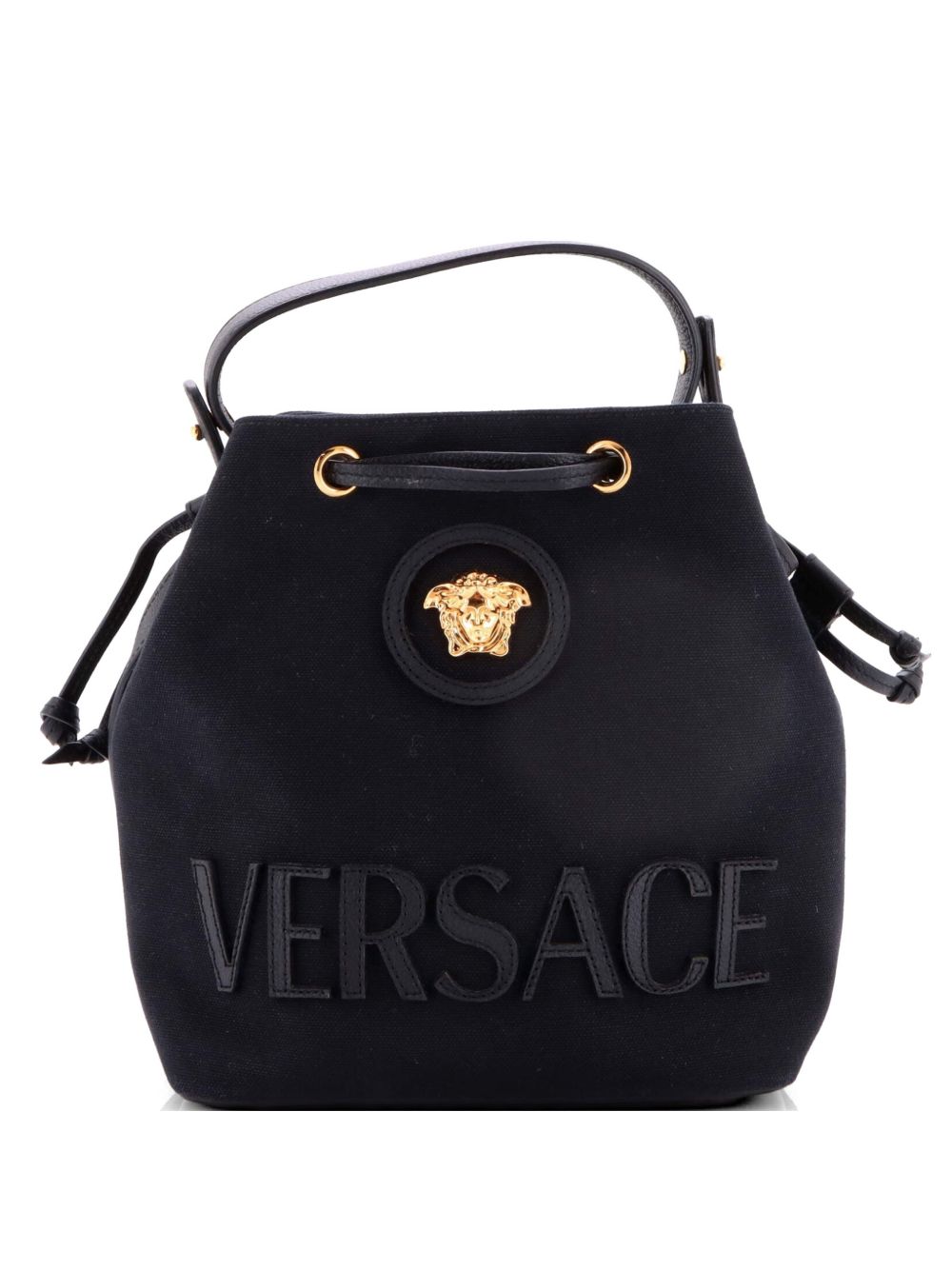 Versace La Medusa Drawstring Canvas with Leather Small bucket bag