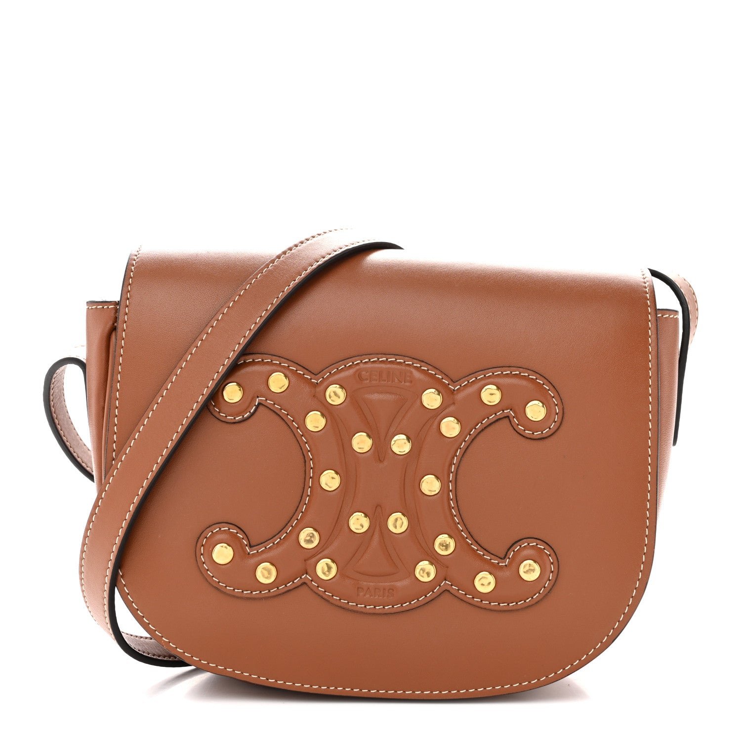 Celine Smooth Calfskin Studded Cuir Triomphe Folco Crossbody Bag Tan