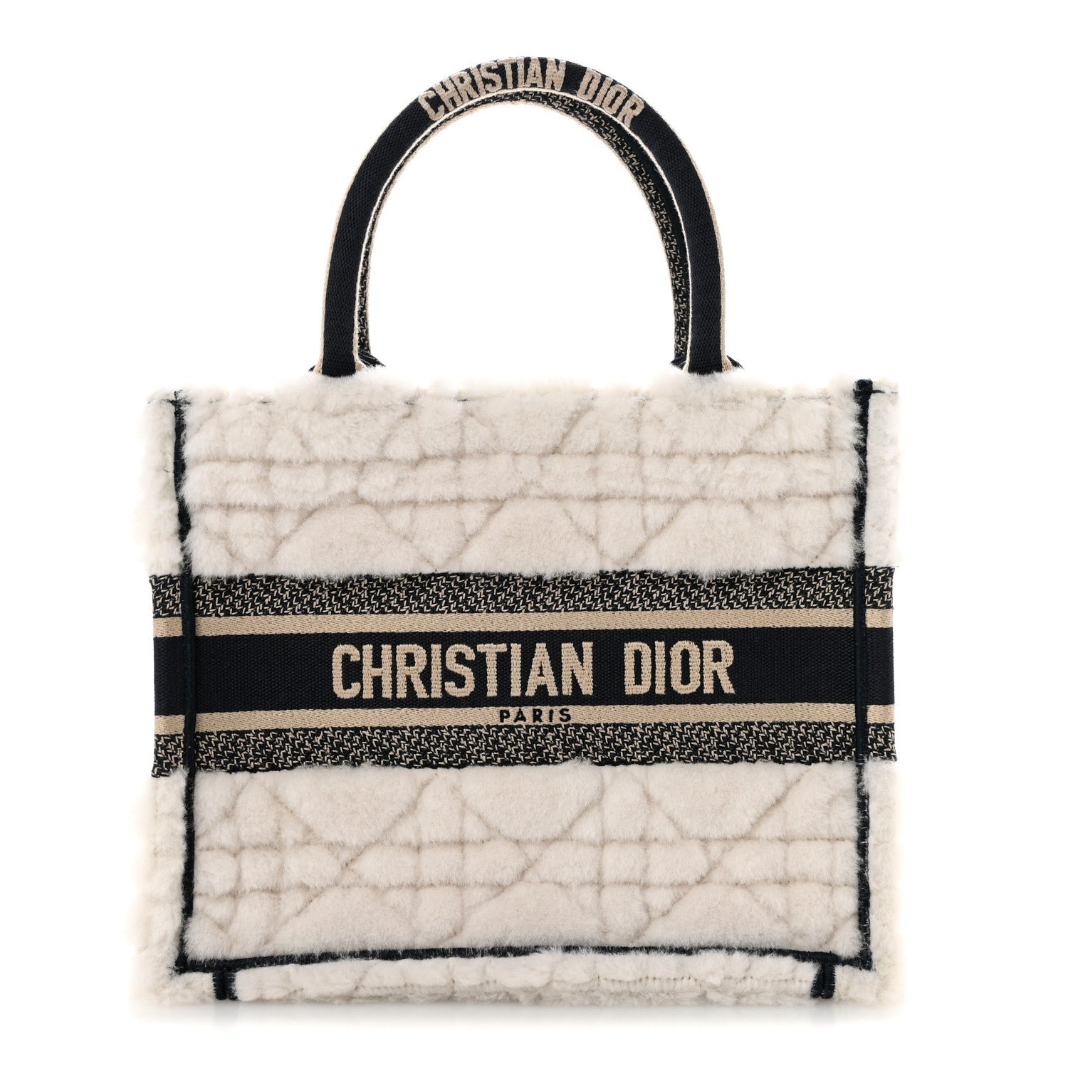 Christian Dior Shearling Cannage Small Book Tote Ecru Blue