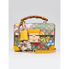 Gucci Yellow Leather Flora Printed GG Supreme Canvas Small Padlock Bamboo Bag