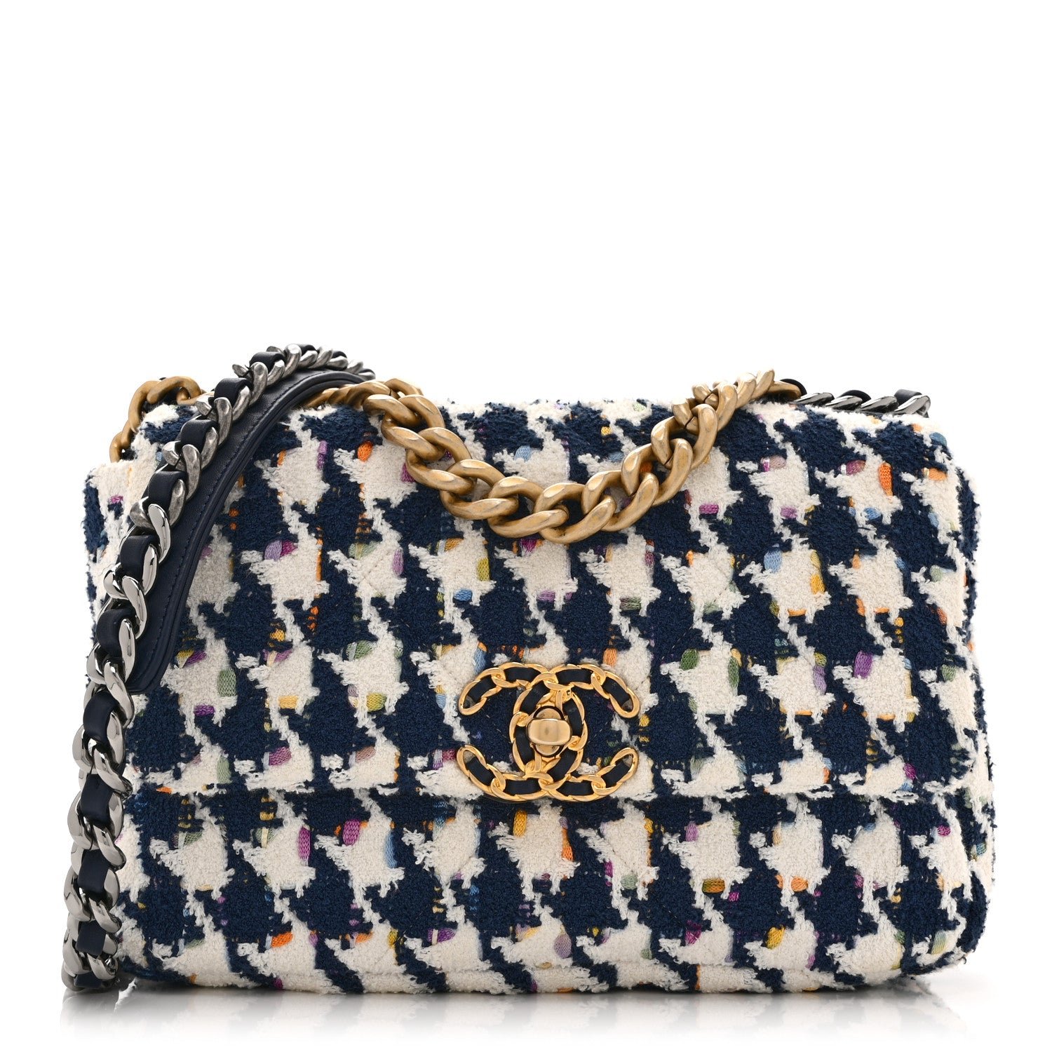 Chanel Tweed Quilted Medium Chanel 19 Flap Ecru Navy Blue Multicolor