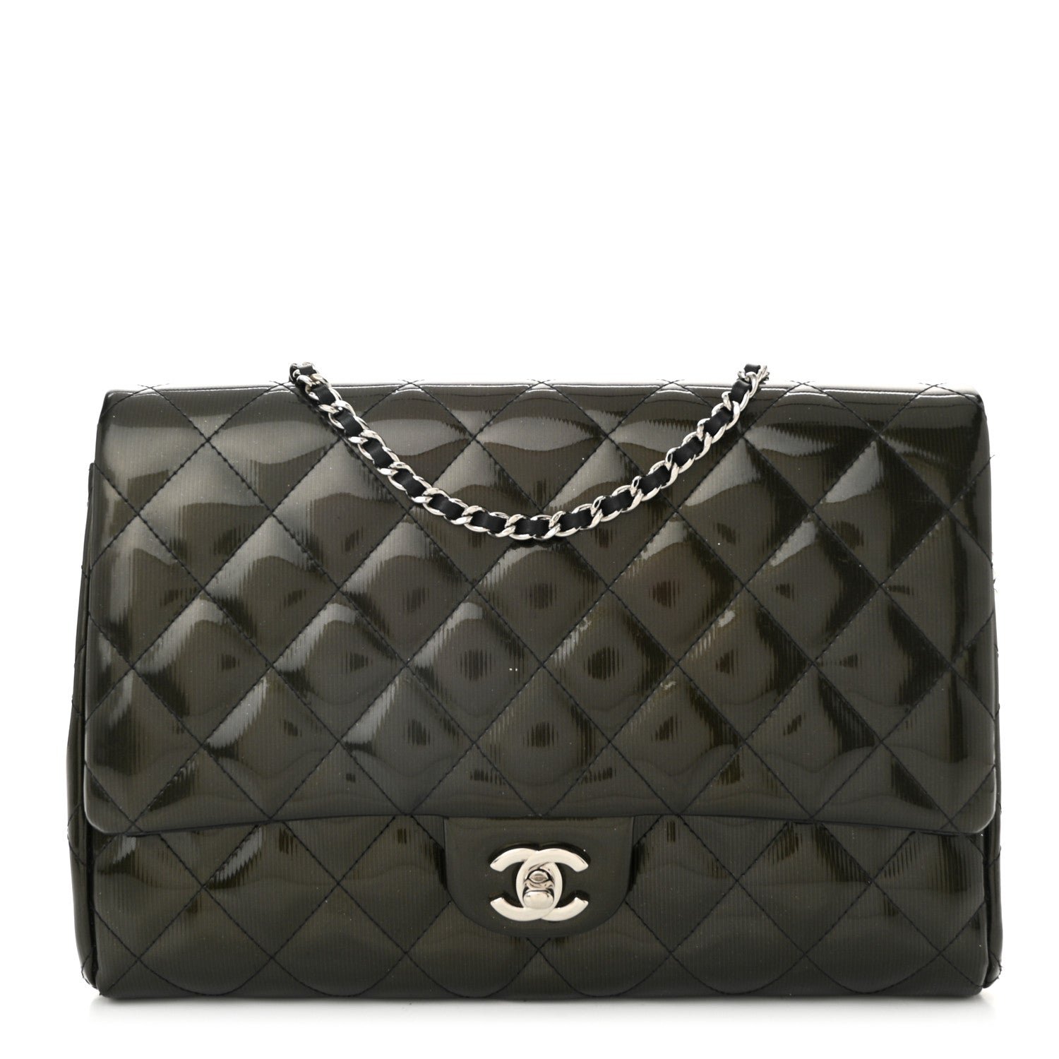 Chanel Striated Patent Quilted Clutch With Chain Flap Dark Grey