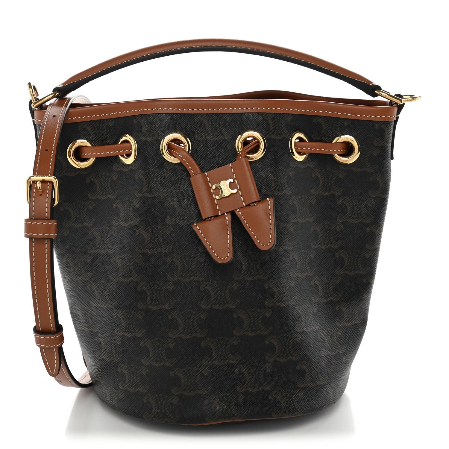 Celine Triomphe Canvas Calfskin Teen Clara Drawstring Bucket Bag Tan