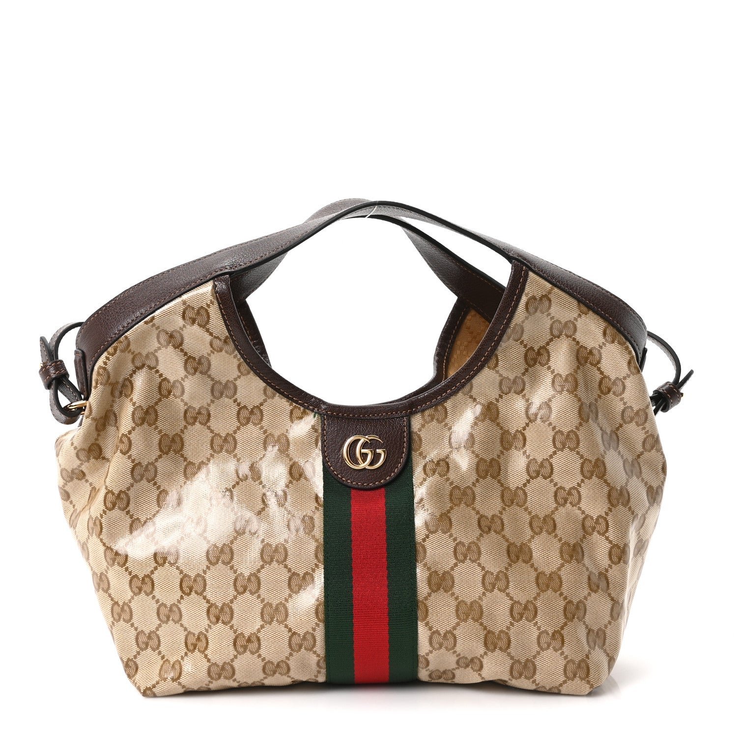 Gucci Varnished Monogram Web Small Giglio Tote Sand Dark Brown