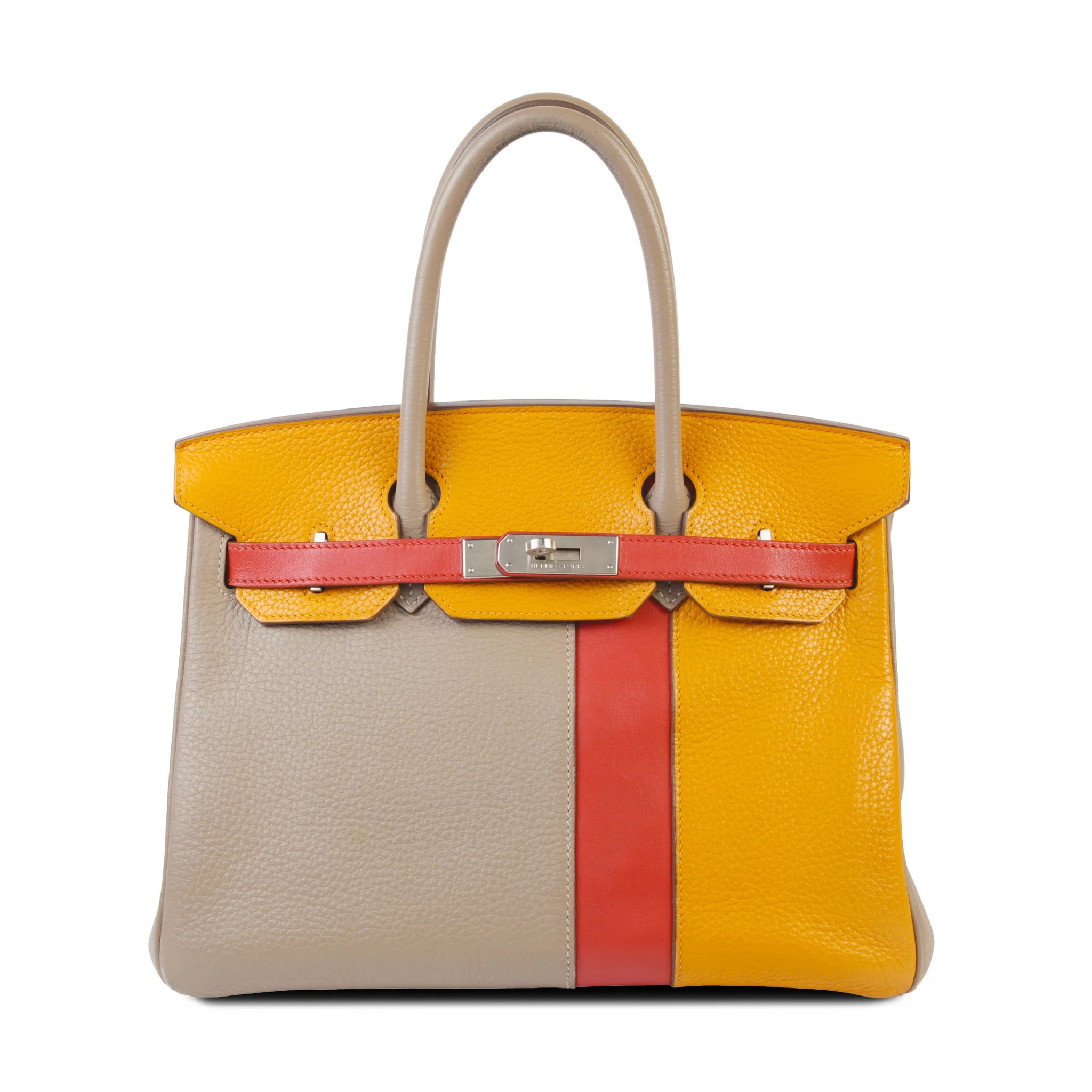 Good ( Rank AB) HERMÈS Limited Edition Birkin 30 Casaque Gris Tourterelle (81) Sanguine (9M) Moutarde (9U) Swift Clemence Brushed Palladium Square P (2012)
