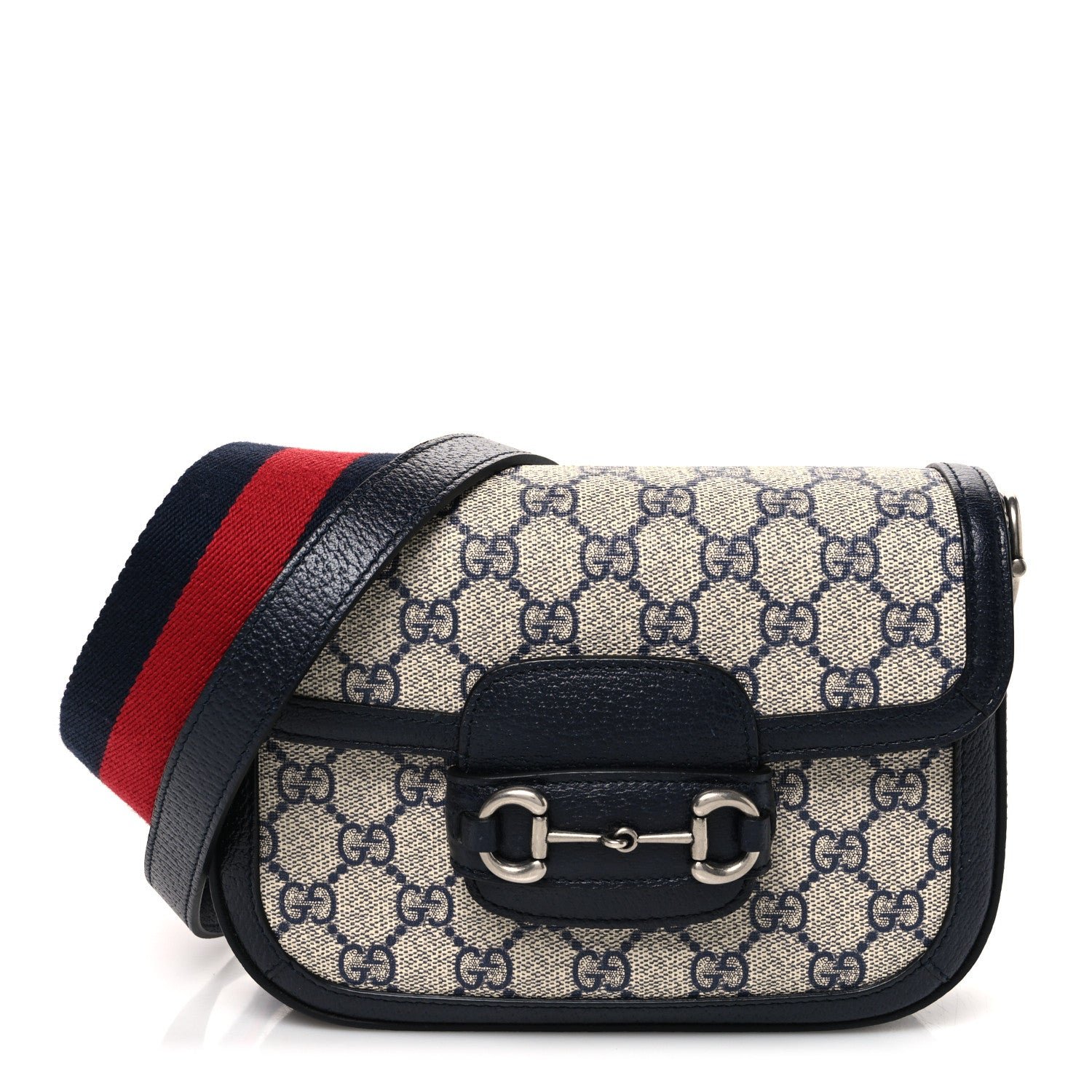 Gucci GG Supreme Monogram Textured Dollar Calfskin Web Mini Horsebit 1955 Shoulder Bag Beige Blue